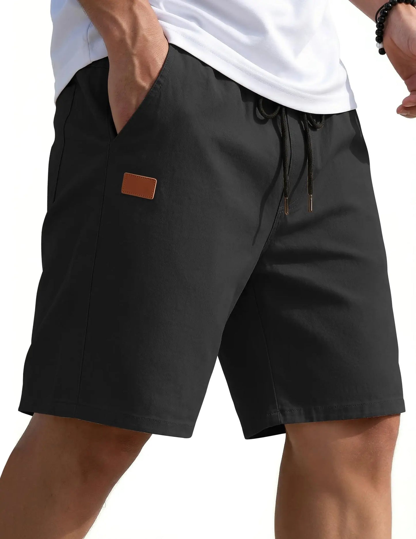 Mens Casual Shorts 9" Chino Cotton Shorts Summer Beach Drawstring Shorts with Pockets