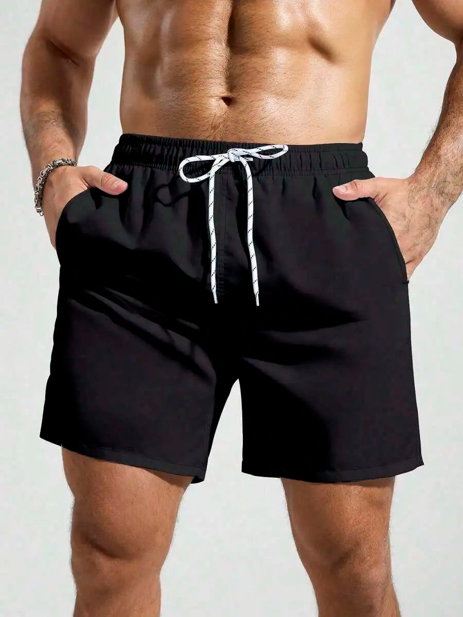 Mens Pocketed Drawstring Waist Beach Quick Dry Swim Trunks