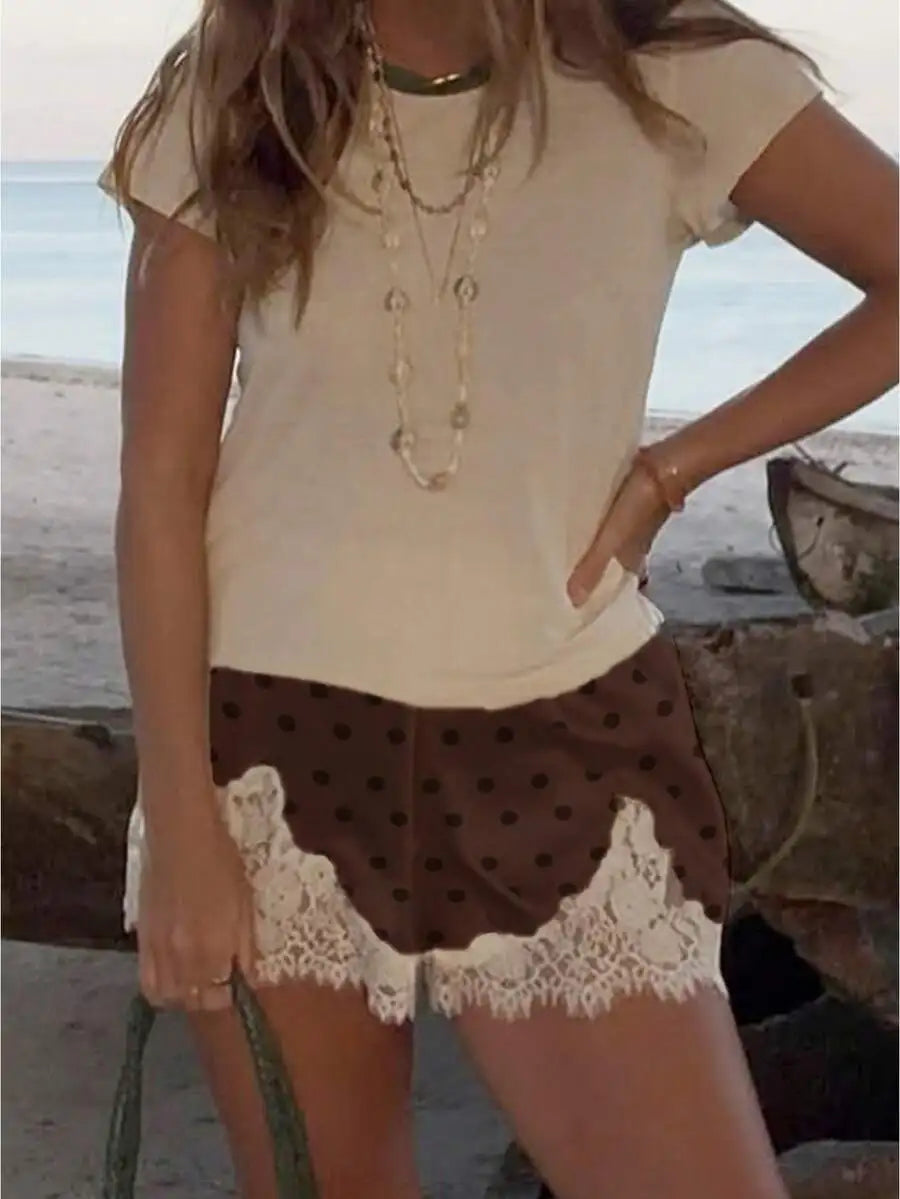 Women Satin Lace Polka Dot High Rise Lounge Casual Shorts