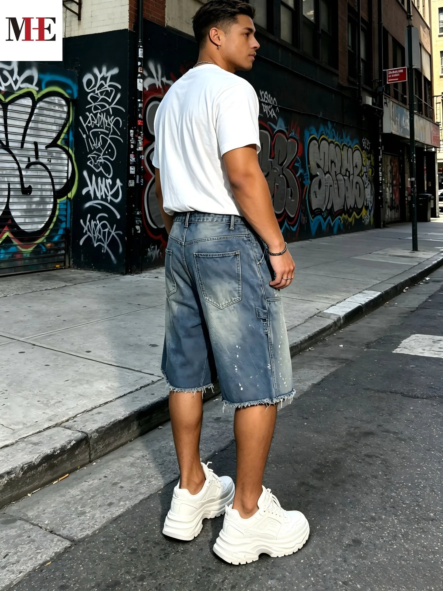 HME Men's Workwear Denim Cargo Shorts With Paint Splatter
