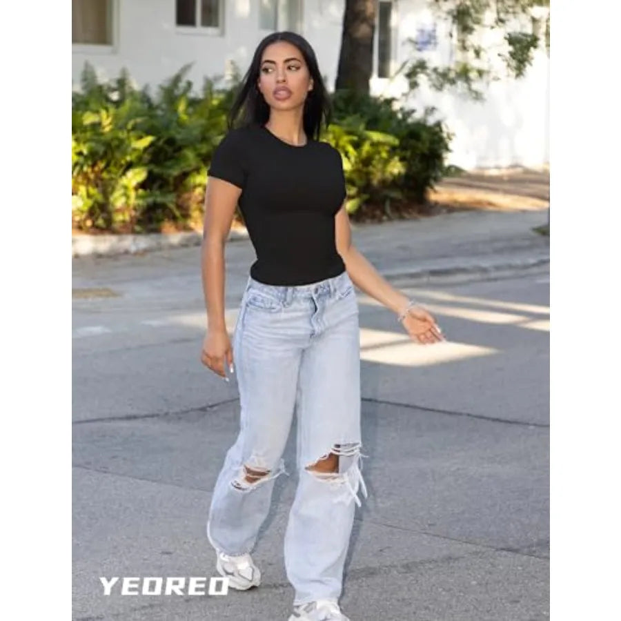 Women Bamboo Fiber Fitted Workout Top Short Sleeve Crew Neck
