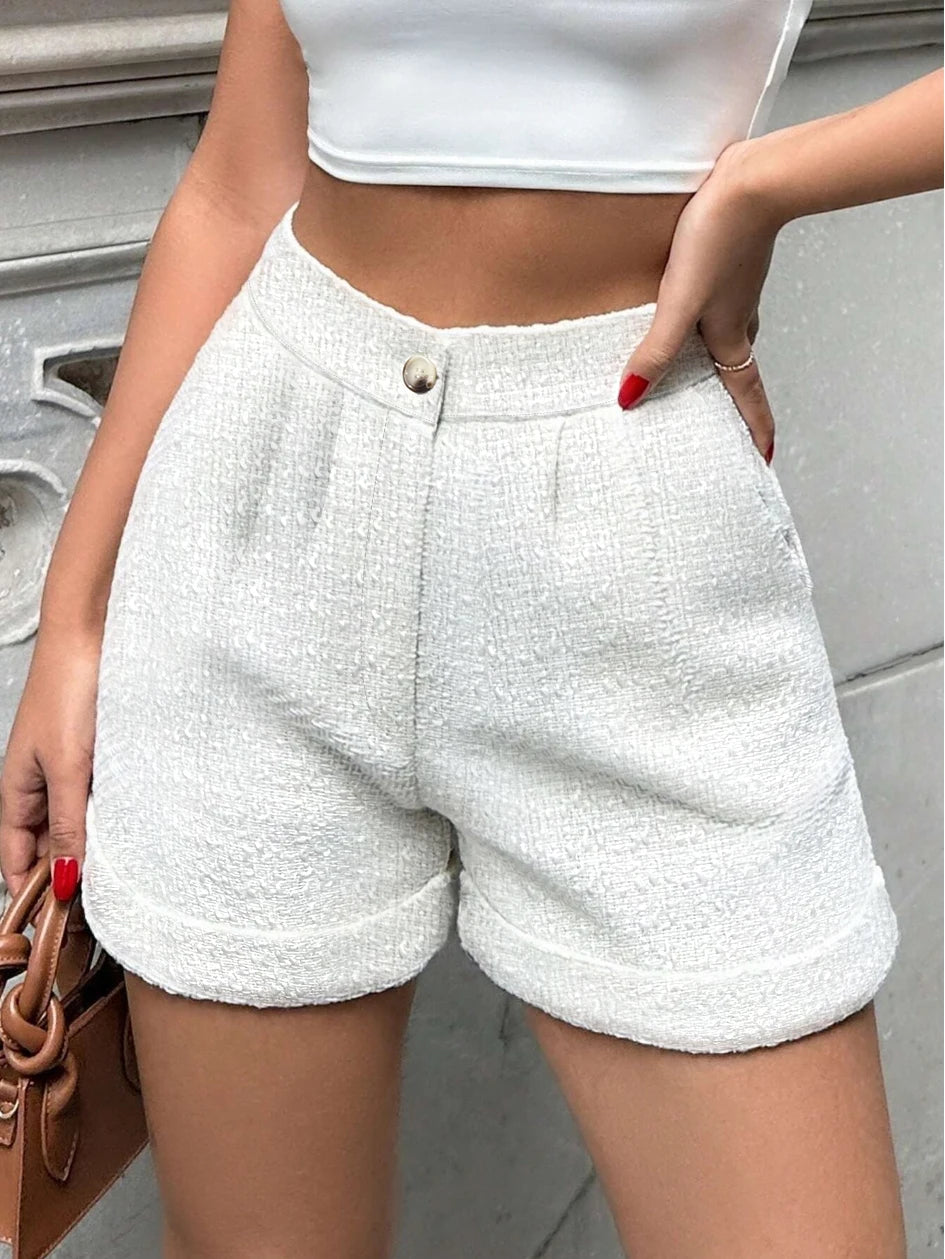 Women High Waist Tweed Shorts Solid Casual Knit Pocketed Bottoms