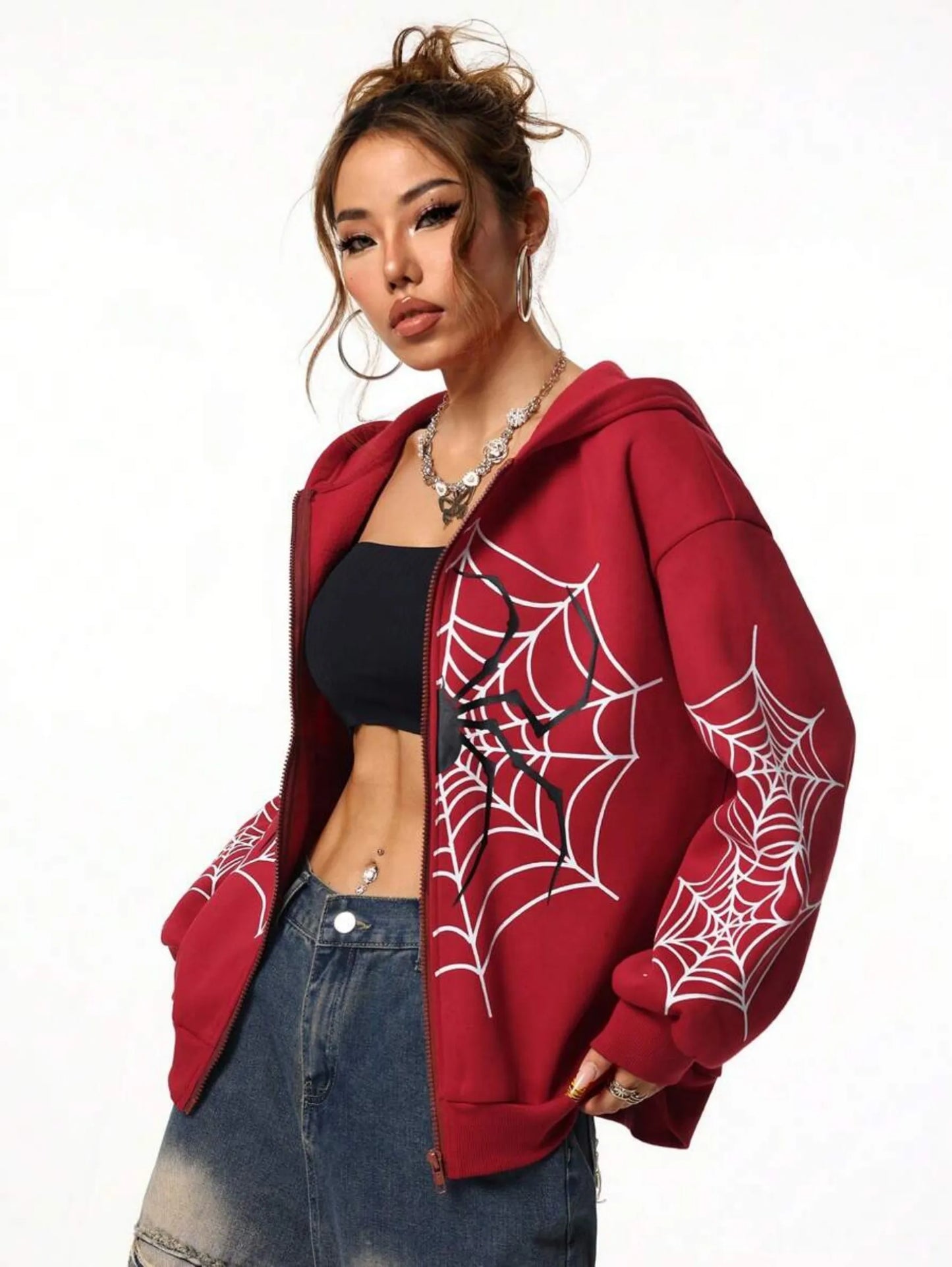 Spider Web Print Unisex Zip Up Hoodie For All Seasons