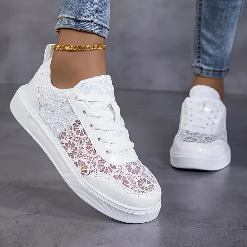 Women Breathable Platform Sneakers With Floral Embroidered Mesh Details