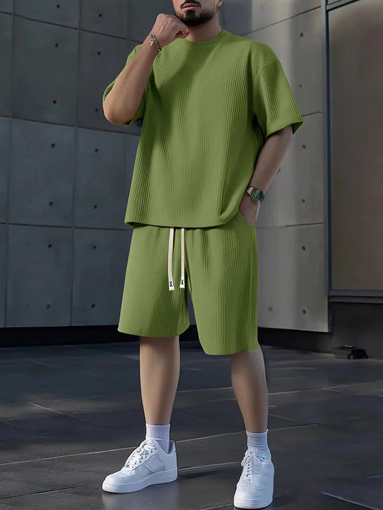 Men's Crew Neck Short Sleeve Shorts Set Textured Sweat Absorbent