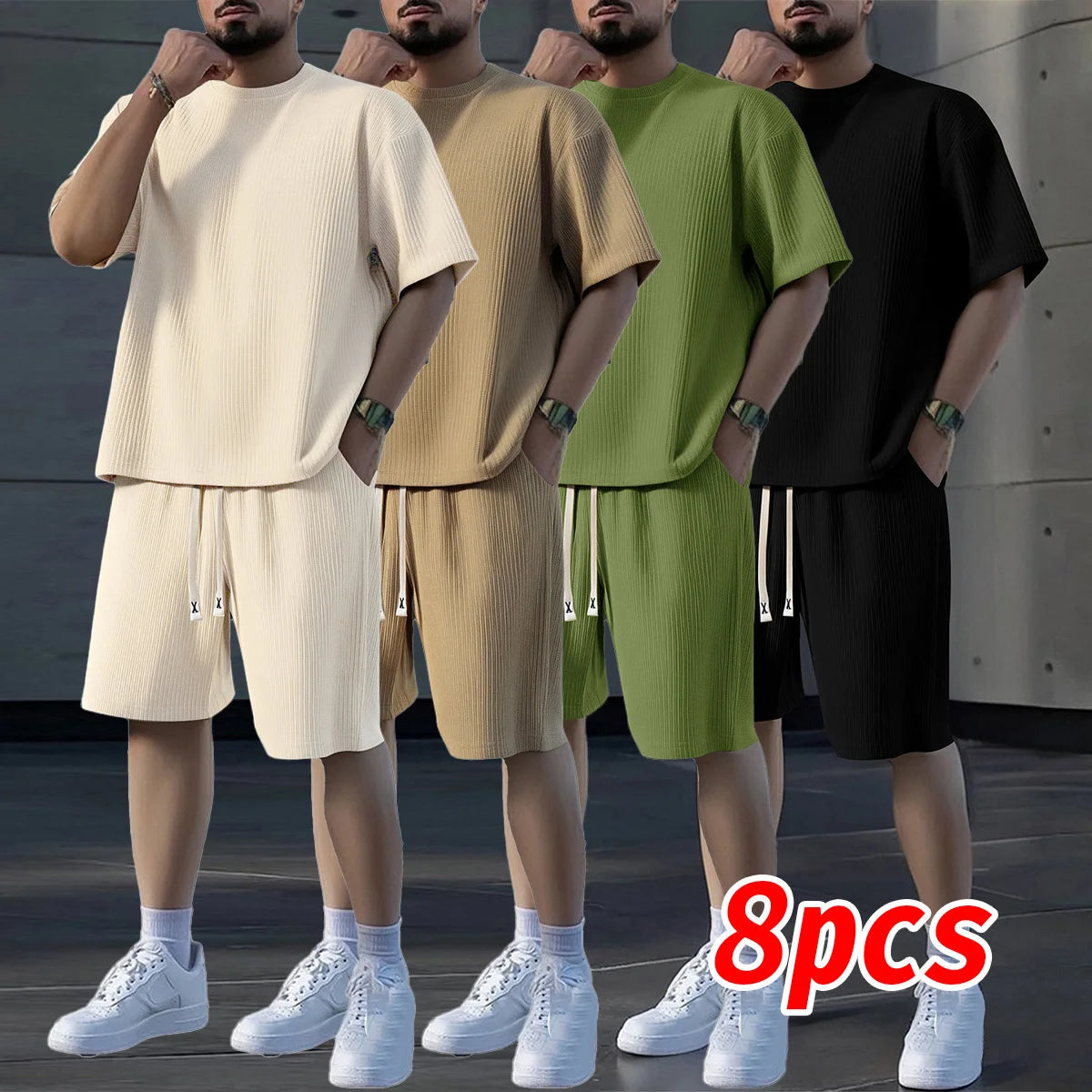 Men's Crew Neck Short Sleeve Shorts Set Textured Sweat Absorbent