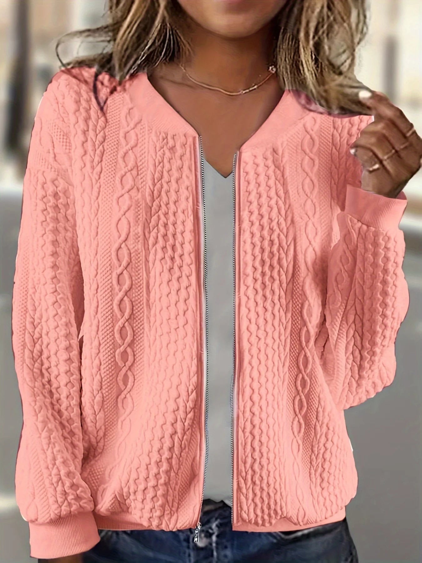 Cable Knit Zip Front Cardigan With Pockets For Daily Wear