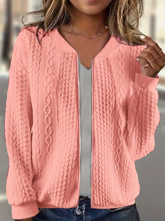 Cable Knit Zip Front Cardigan With Pockets For Daily Wear