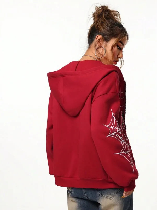 Spider Web Print Unisex Zip Up Hoodie For All Seasons