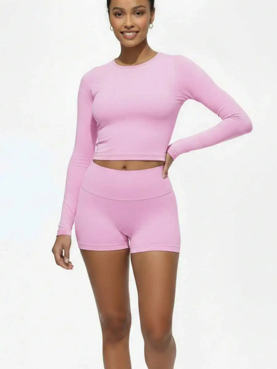 Women's Solid Long Sleeve Short Pant Activewear Set Breathable