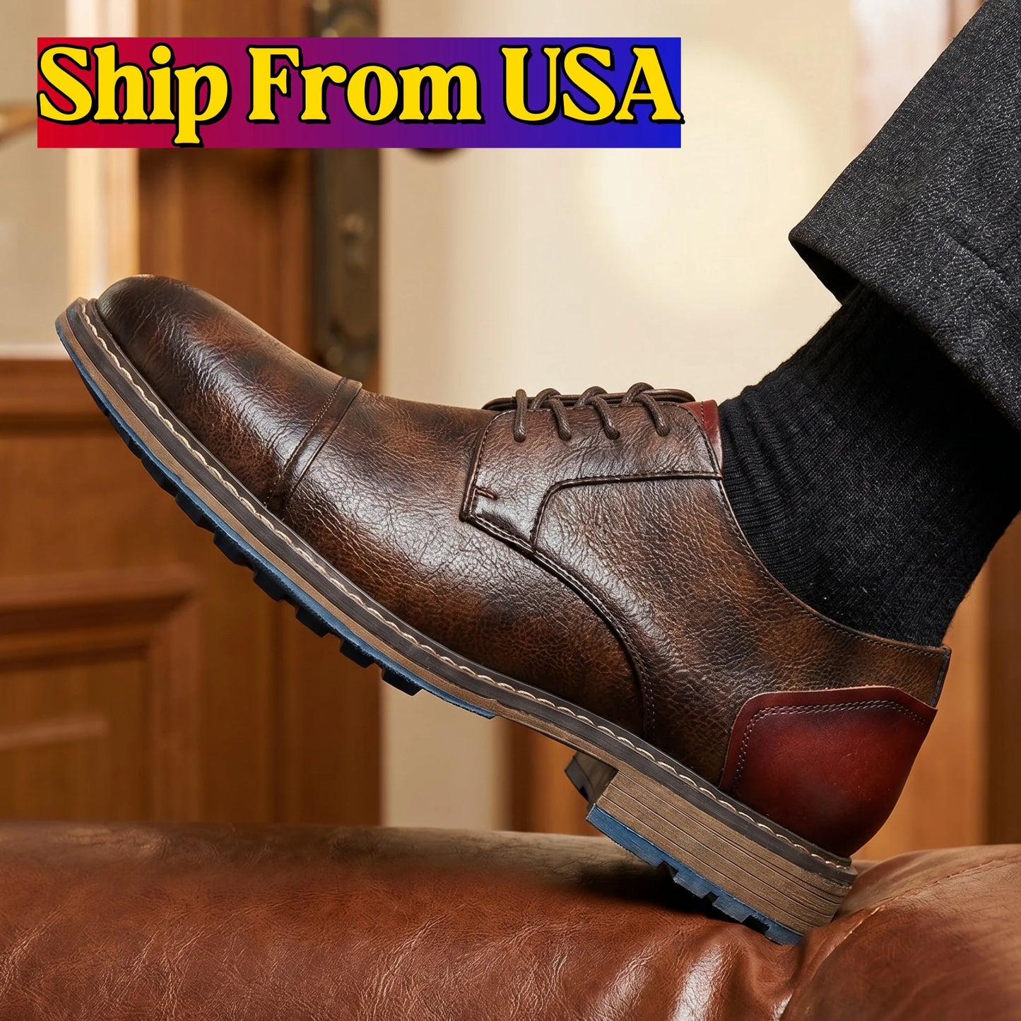 Hecrafted Retro Men Casual Leather Cap Toe Oxford Derby Shoes