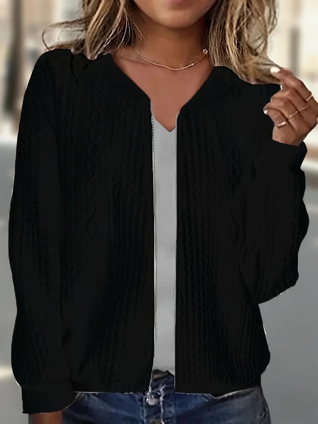Cable Knit Zip Front Cardigan With Pockets For Daily Wear