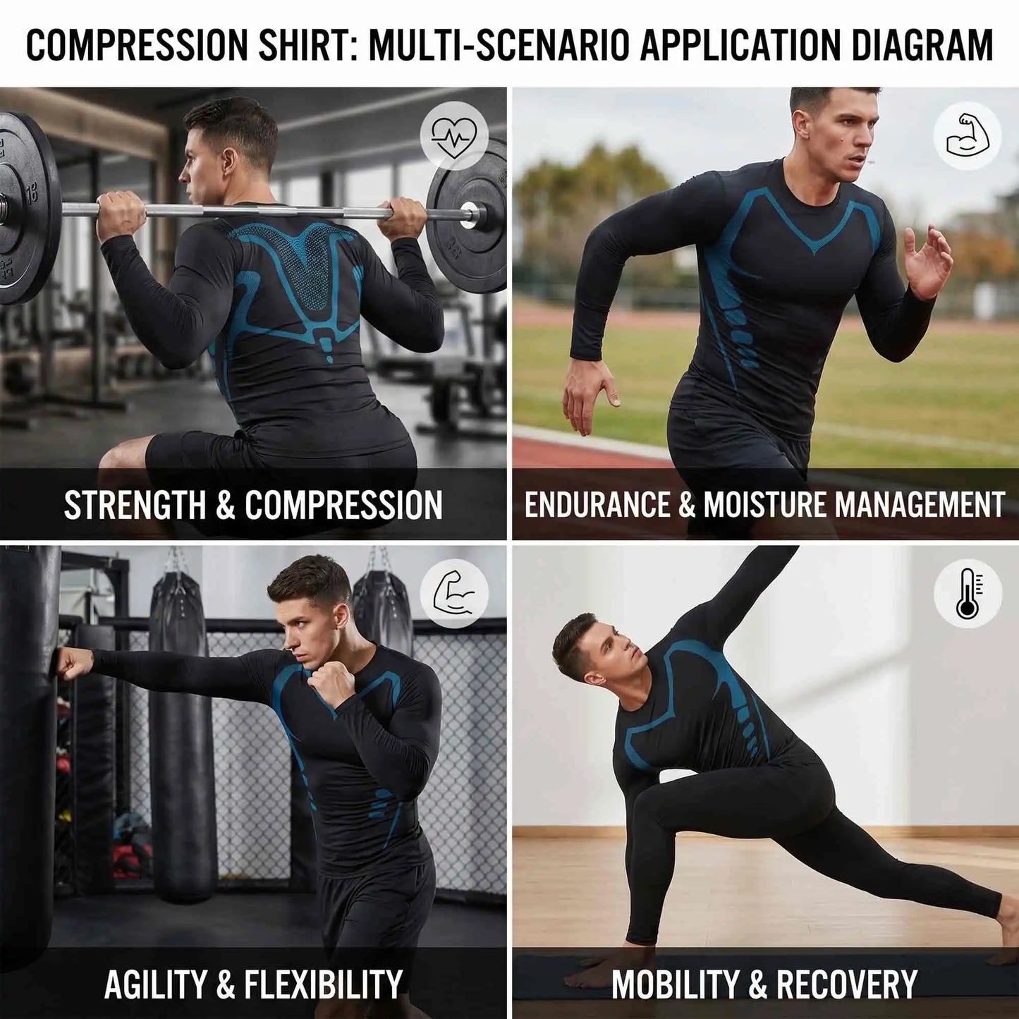 Men's Compression Shirts Long Sleeve Baselayer MoistureWicking Gym Tee Set
