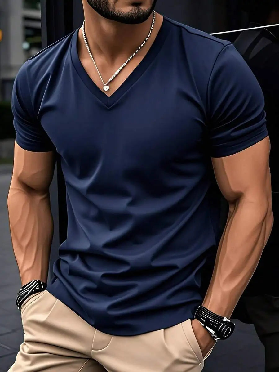 Men's Plain Casual V-Neck Short Sleeve T-Shirt Jersey Cotton
