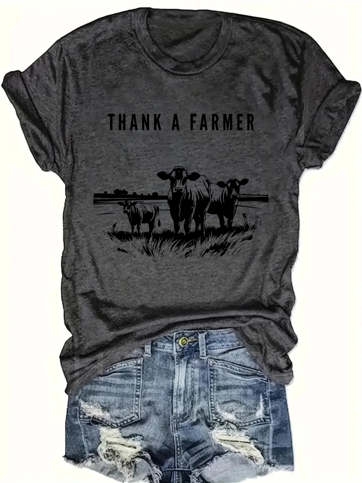 Women's Thank A Farmer Cow Field Graphic Cotton Blend T-Shirt