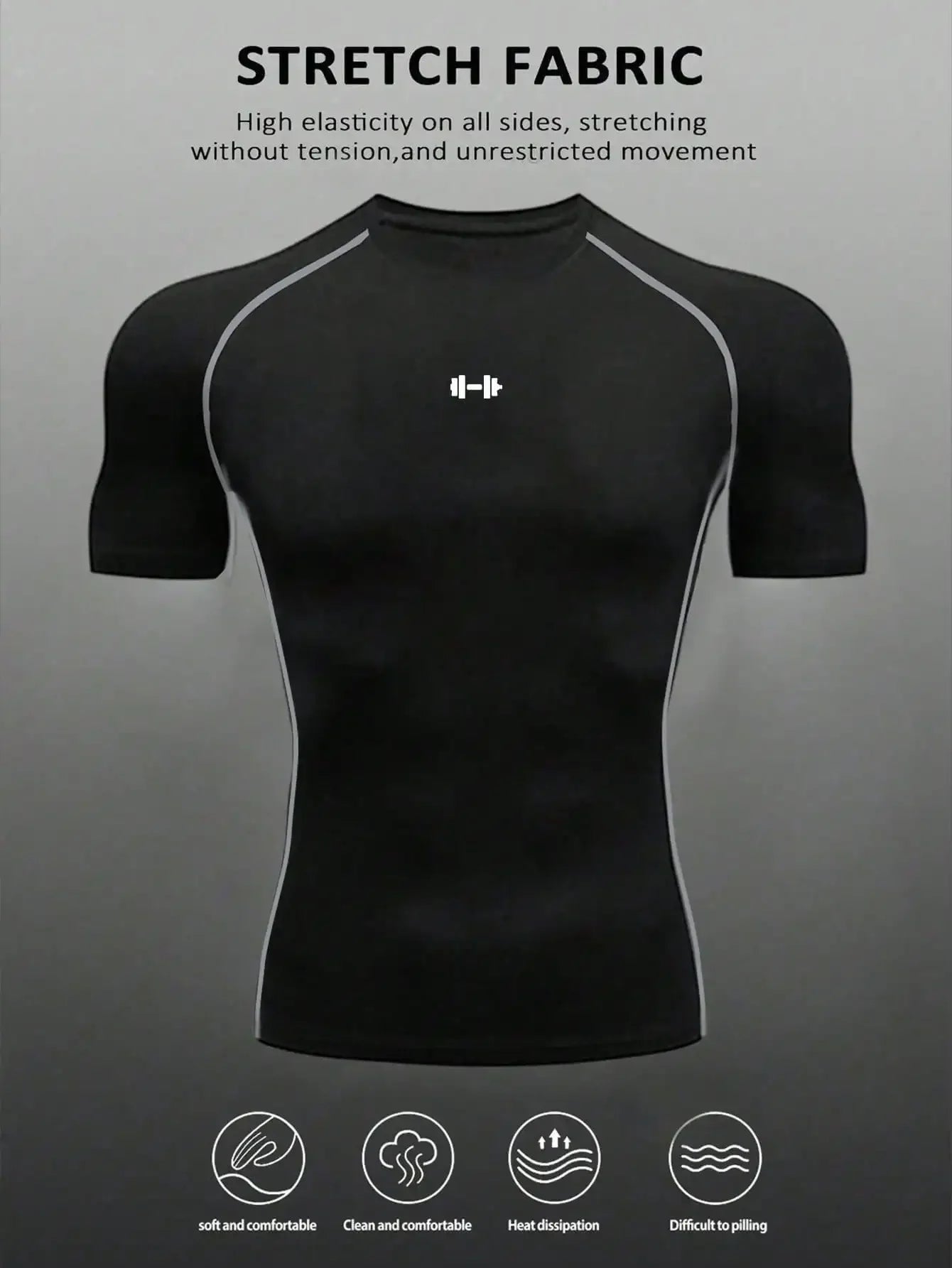 Mens Barbell Print Raglan Short Sleeve Gym Compression T Shirt