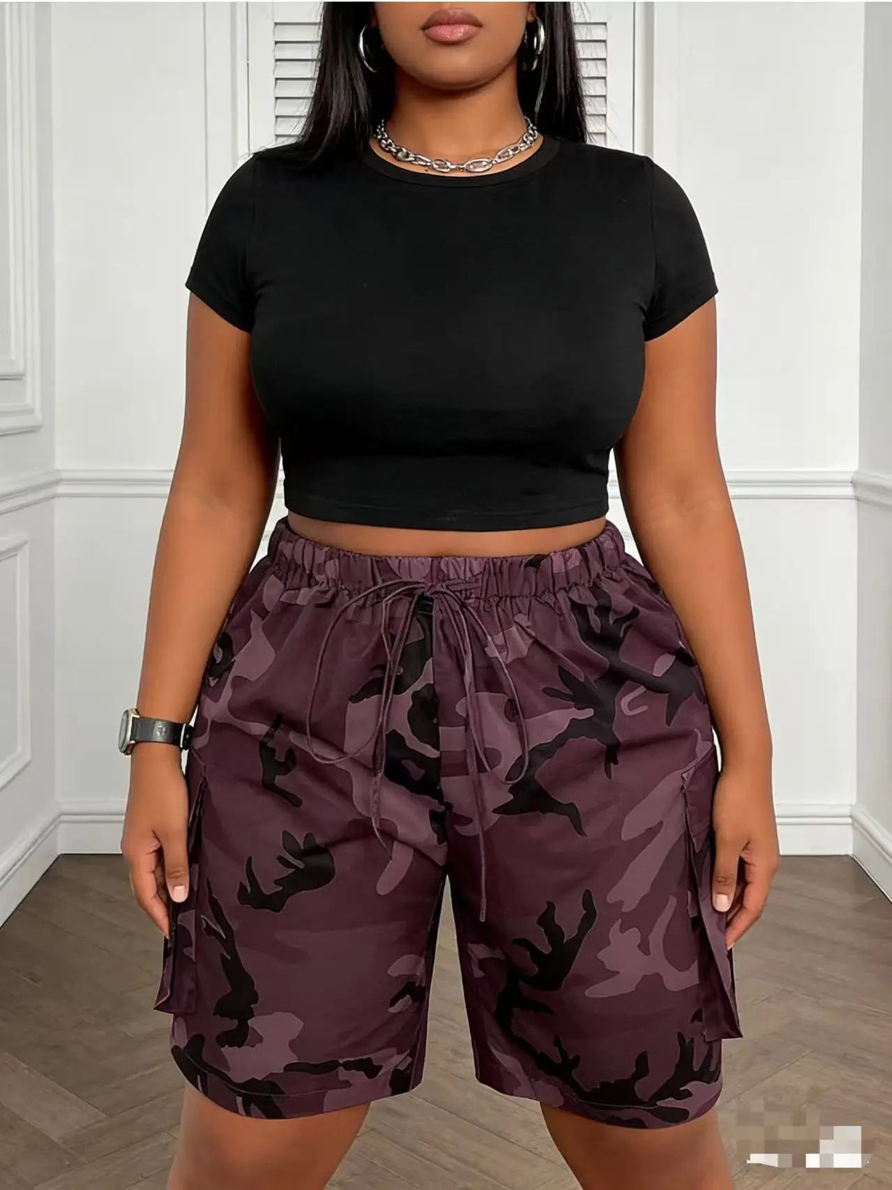 Women's High Waist Drawstring Cargo Shorts With Large Pockets