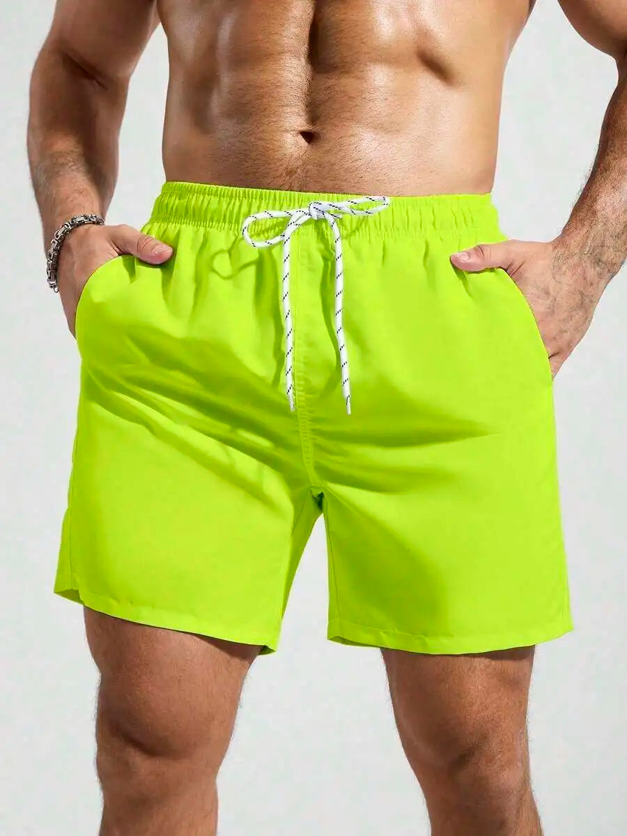 Mens Pocketed Drawstring Waist Beach Quick Dry Swim Trunks