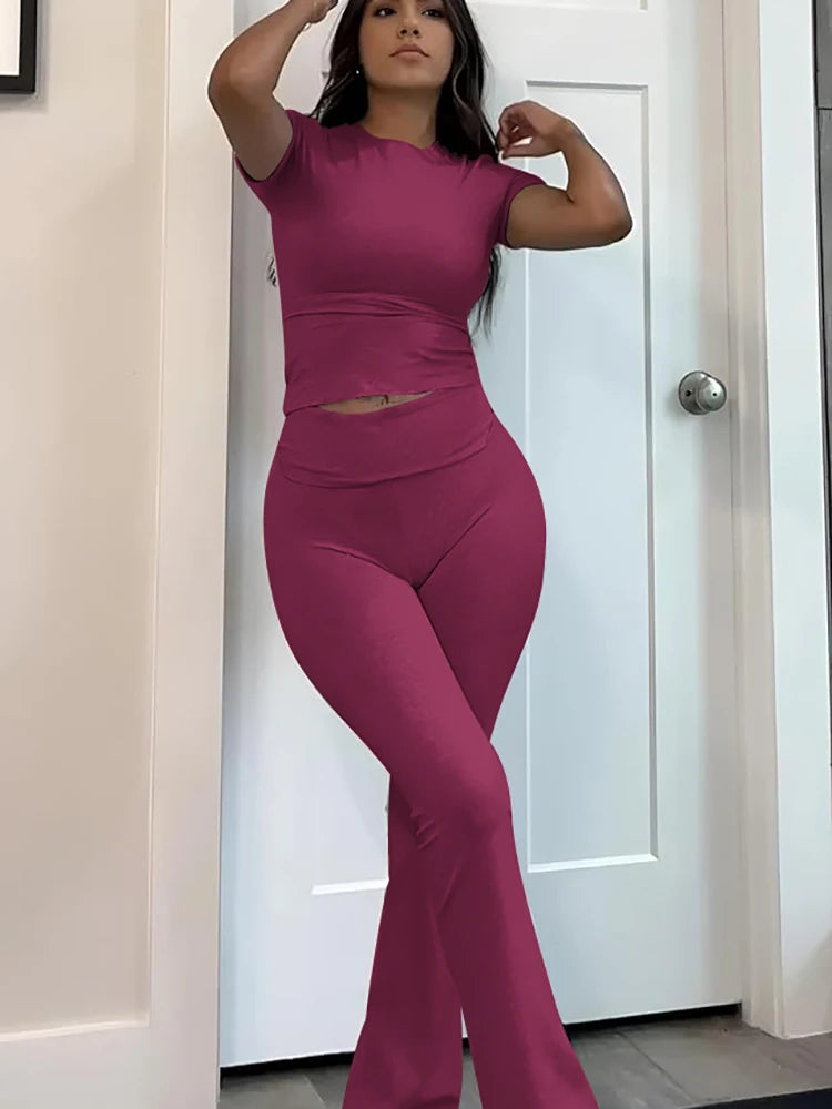 Womens Two-Piece Yoga Set With Short Sleeve Top And Pants