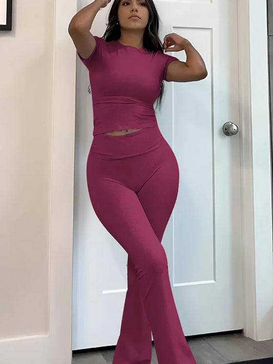 Womens Two-Piece Yoga Set With Short Sleeve Top And Pants