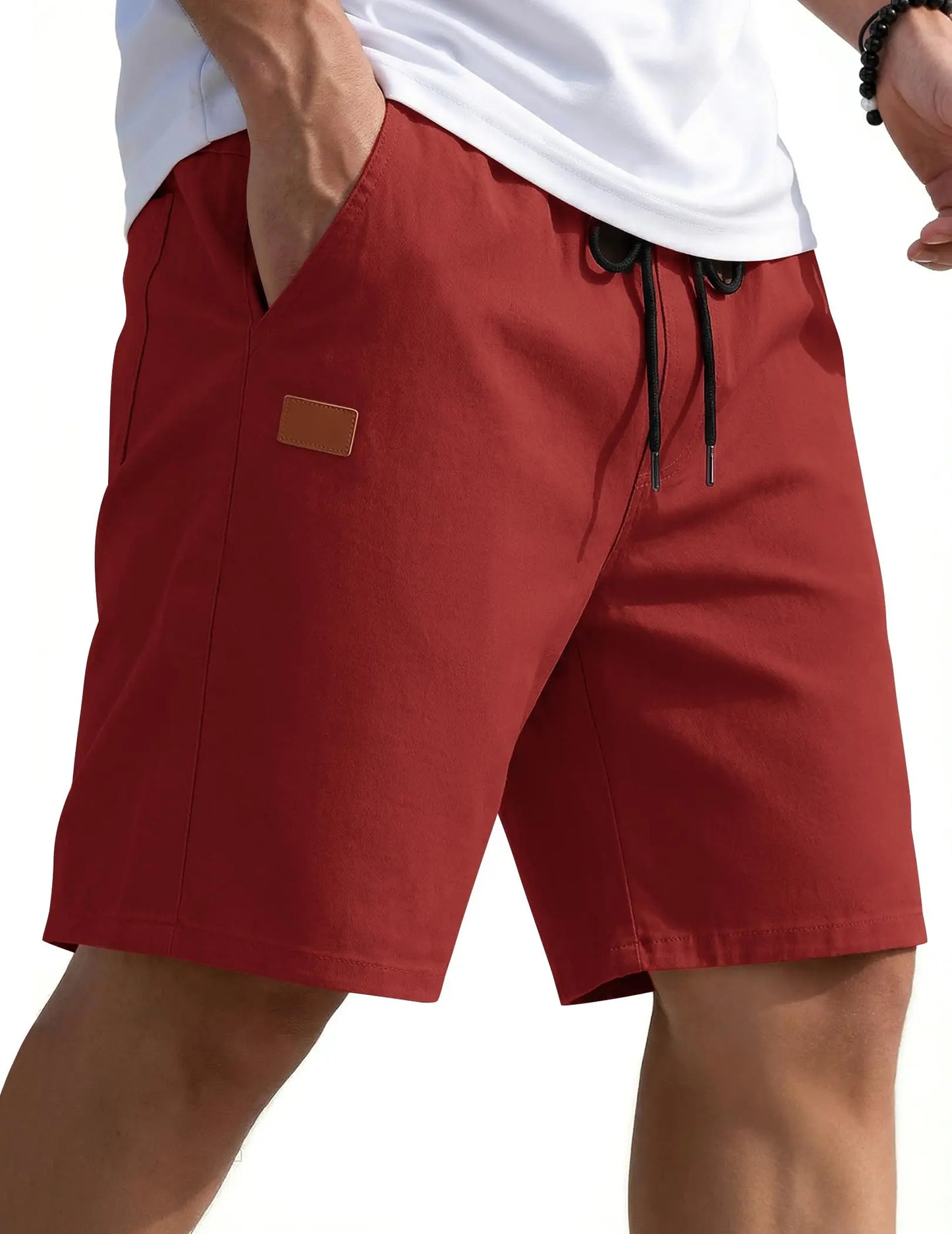 Mens Casual Shorts 9" Chino Cotton Shorts Summer Beach Drawstring Shorts with Pockets