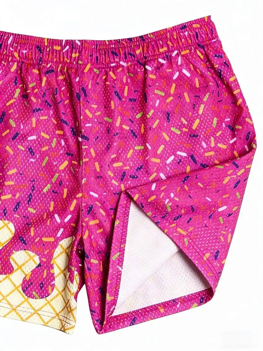 Ice Cream Print Mesh Sports Shorts Quick Dry For Adults