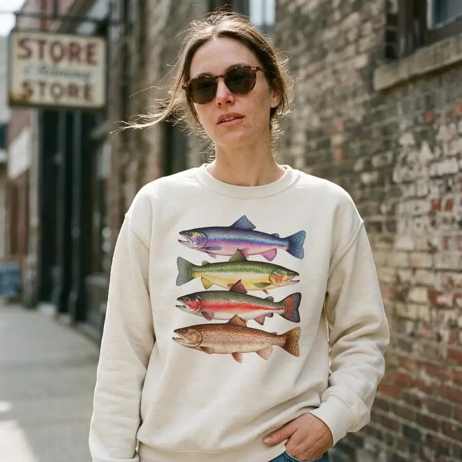 Abstract Trout River Fish Print Crew Neck Pullover Sweatshirt