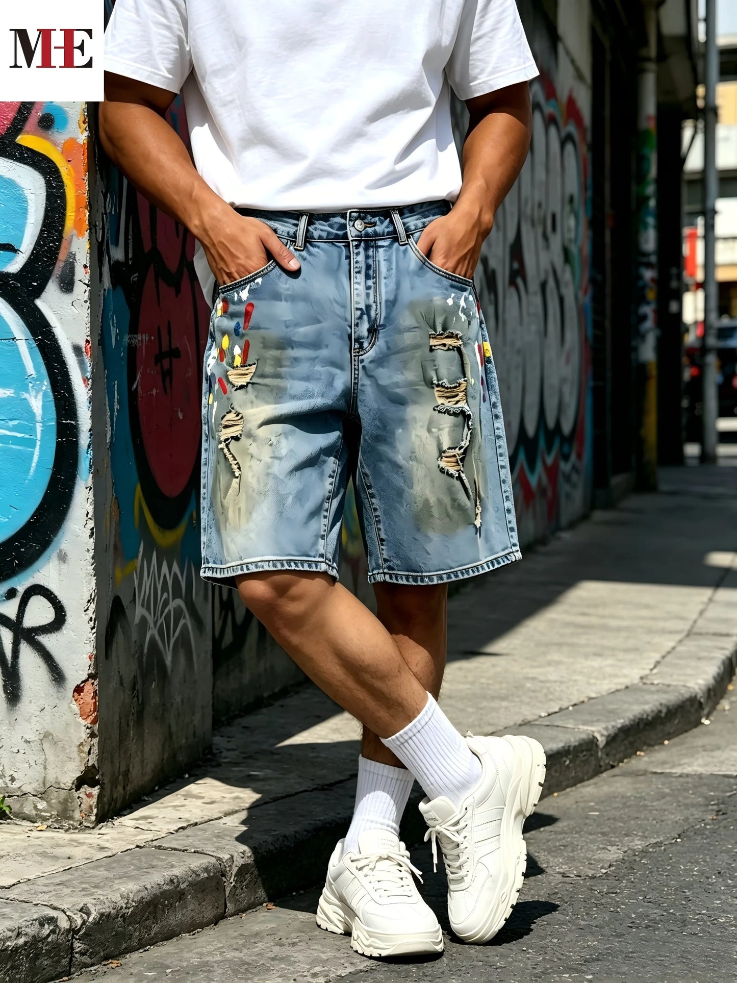 HME Denim Shorts For Men Washed Knee Length With Rips