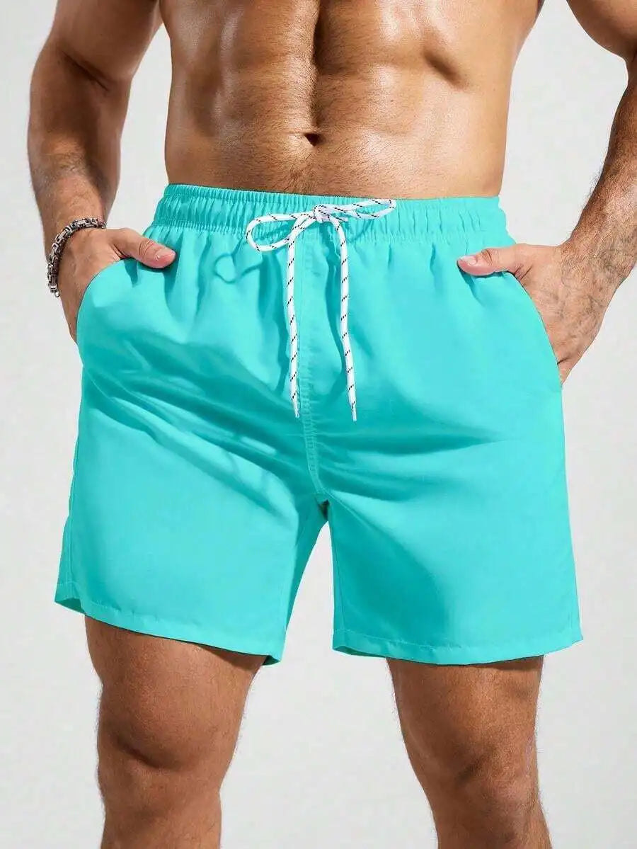 Mens Pocketed Drawstring Waist Beach Quick Dry Swim Trunks