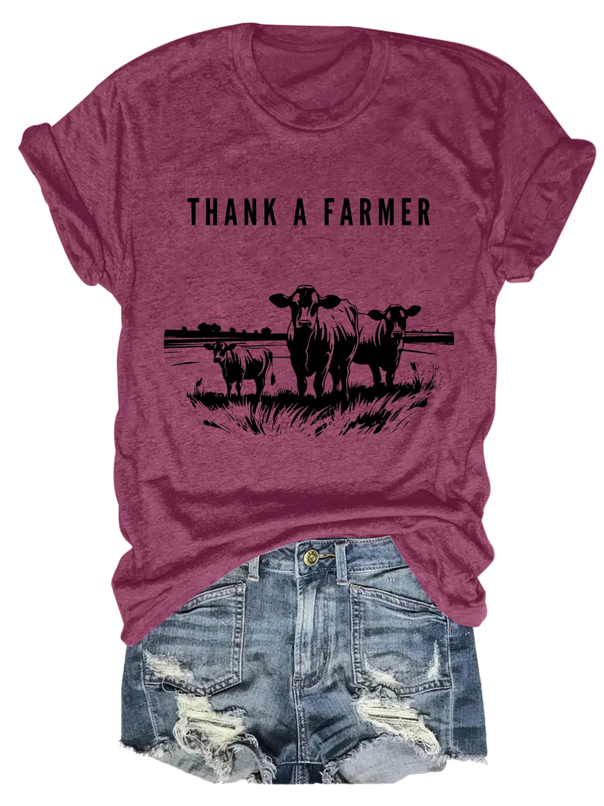 Women's Thank A Farmer Cow Field Graphic Cotton Blend T-Shirt
