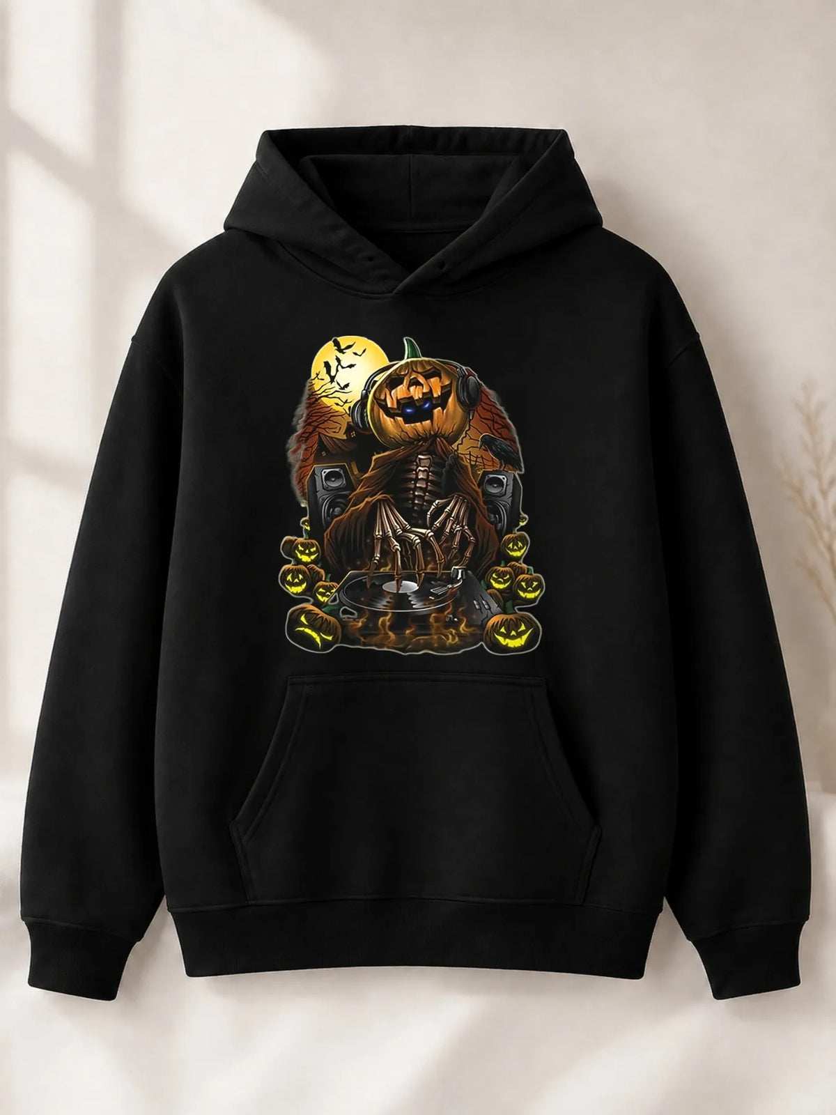Men's Halloween Gothic Skeleton DJ Pumpkin Head Turntable Hoodie