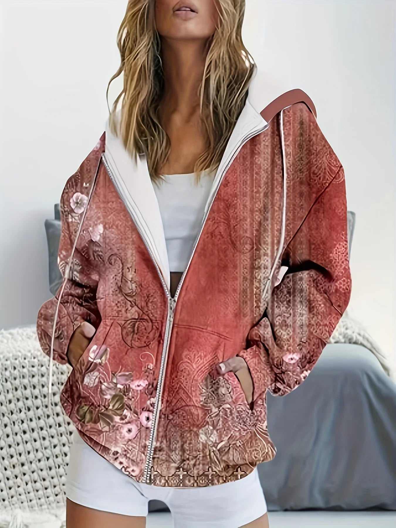 Casual Printed Hoodie Zip Up Jacket For Women Everyday Wear