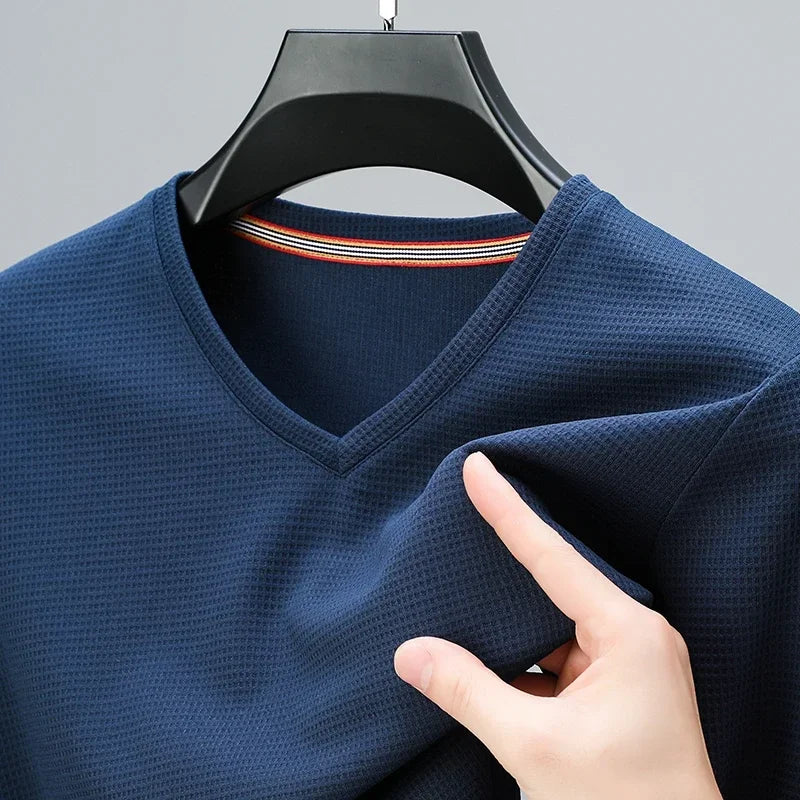 Men's Waffle Knit Vneck Short Sleeve T Shirt Summer Comfort