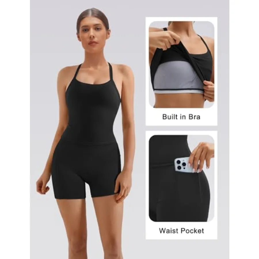 Women Two-Piece Workout Set With Built-In Bra Racerback Tank Pockets