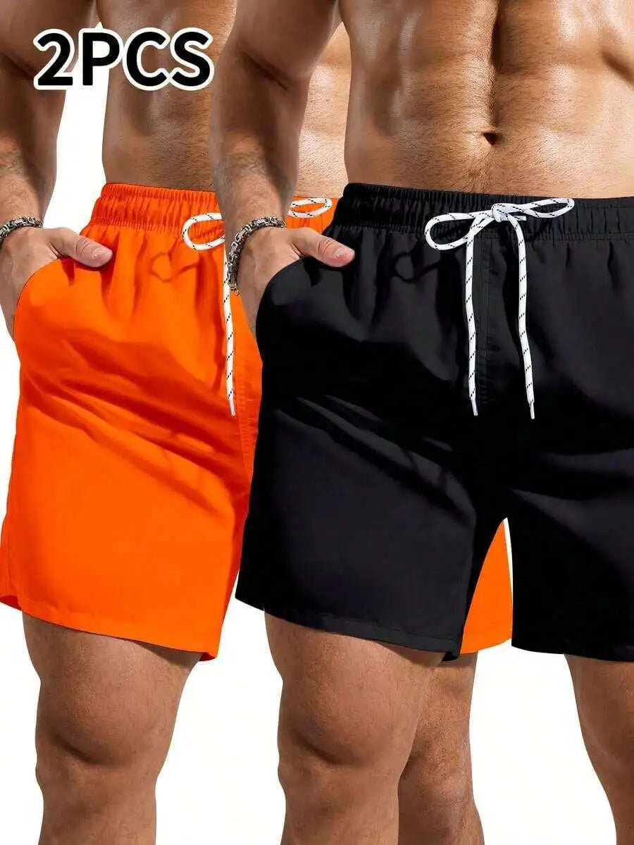 Mens Pocketed Drawstring Waist Beach Quick Dry Swim Trunks