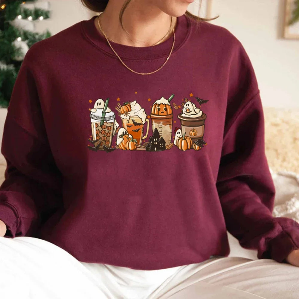 EOENKKY Fall Coffee Sweatshirt Cute Thanksgiving Halloween Pullover