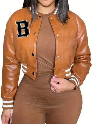 PU Leather Cropped Baseball Jacket With Embroidered Letters Striped Ribbed