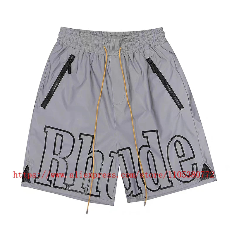 Latest Style RHUDE Men's  Casual Shorts Hip Hop Elastic Waist Drawstring Zip Pocket Summer Street Leisure Beach Shorts