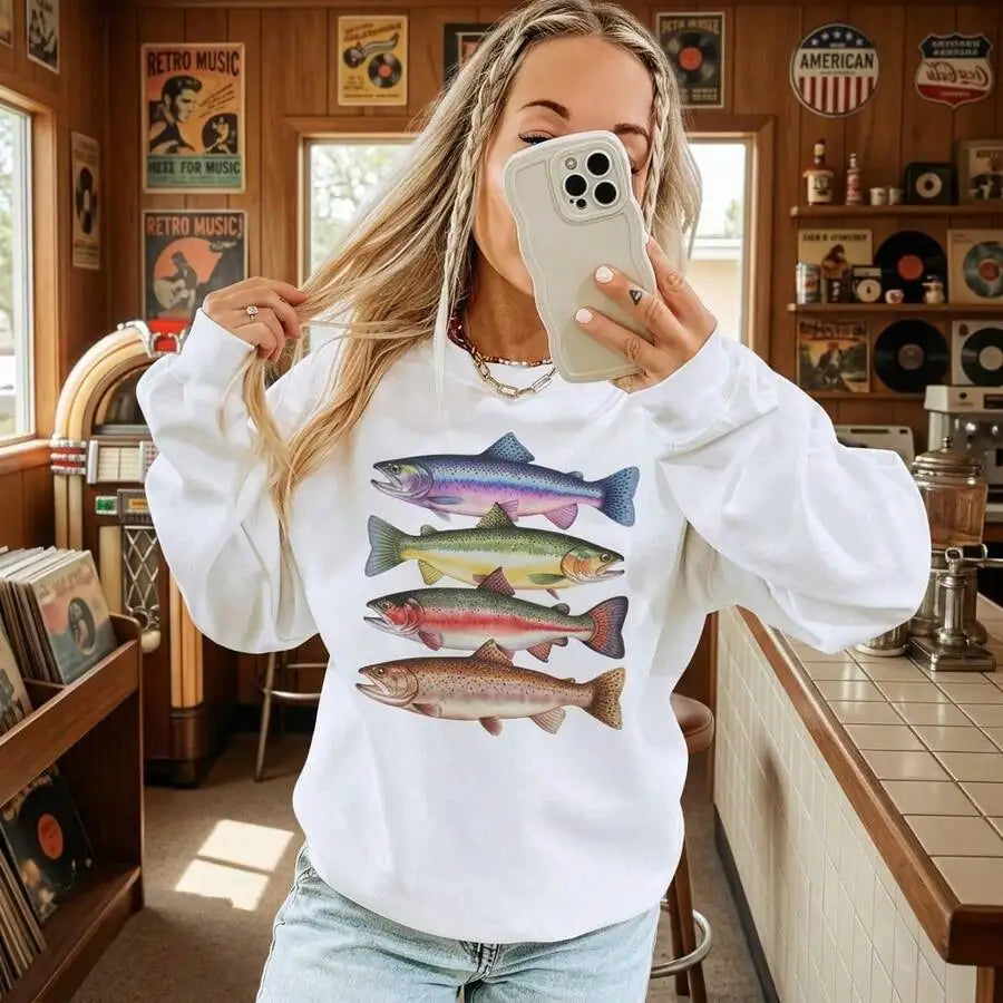 Abstract Trout River Fish Print Crew Neck Pullover Sweatshirt