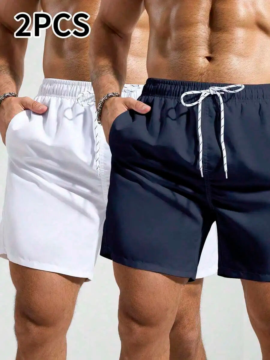 Mens Pocketed Drawstring Waist Beach Quick Dry Swim Trunks