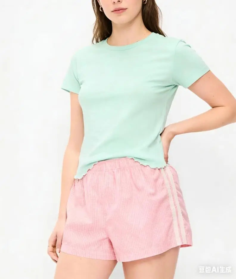 Women Slim Fit Gingham Casual Summer Lightweight Polyester Shorts