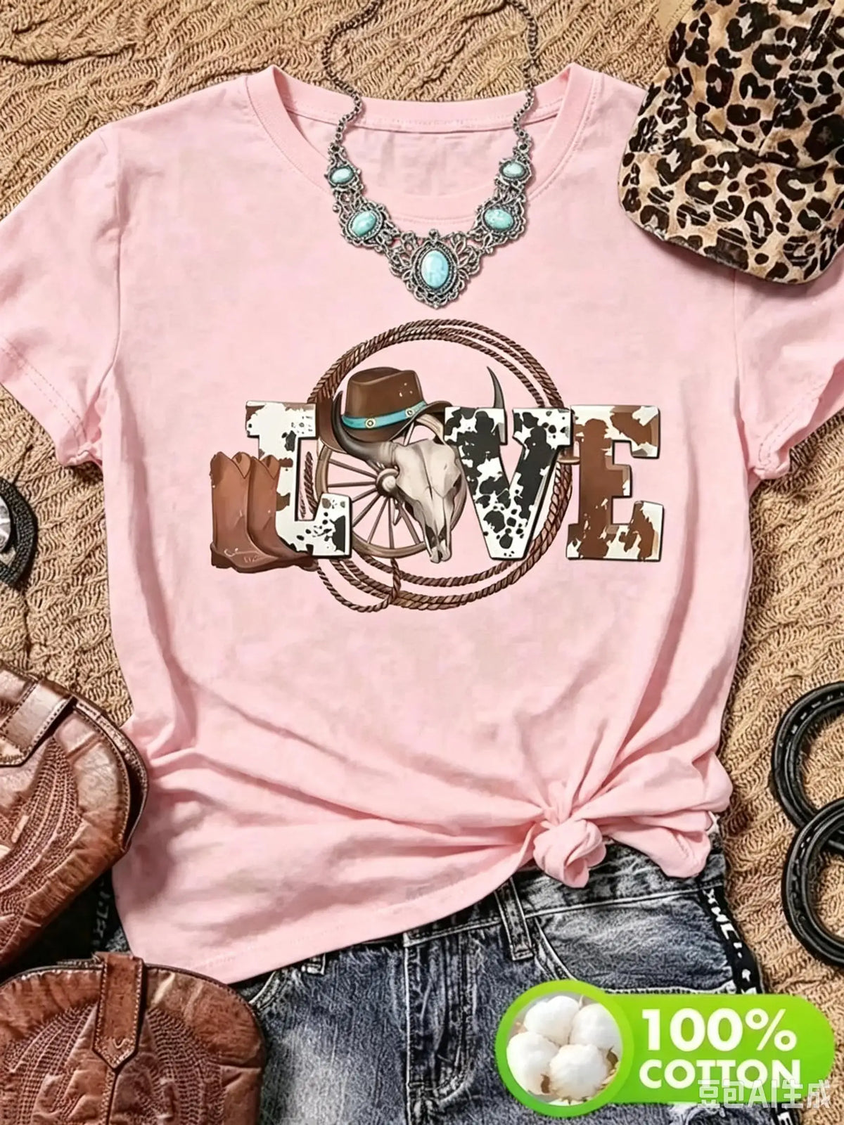 Women Casual Denim Style Love Graphic Print Cotton T Shirt