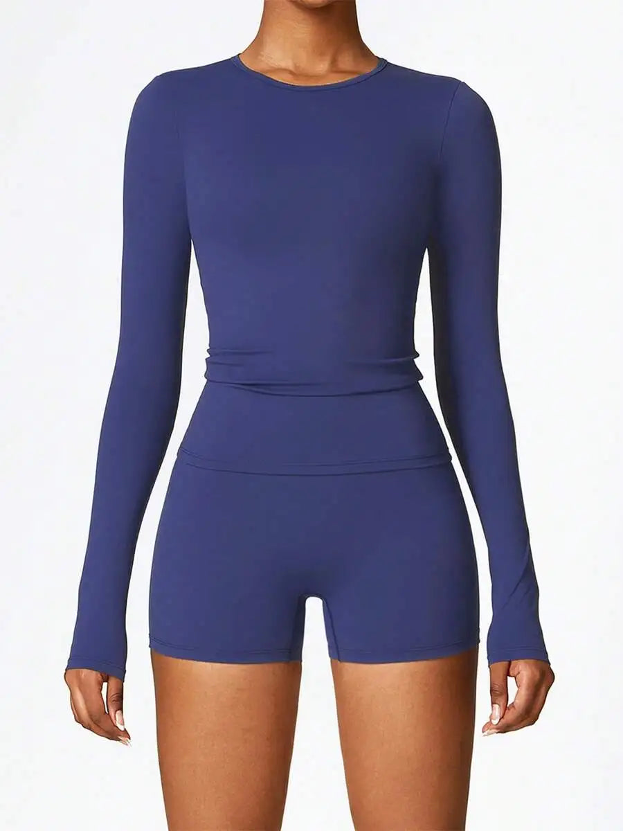 Women's Solid Long Sleeve Short Pant Activewear Set Breathable