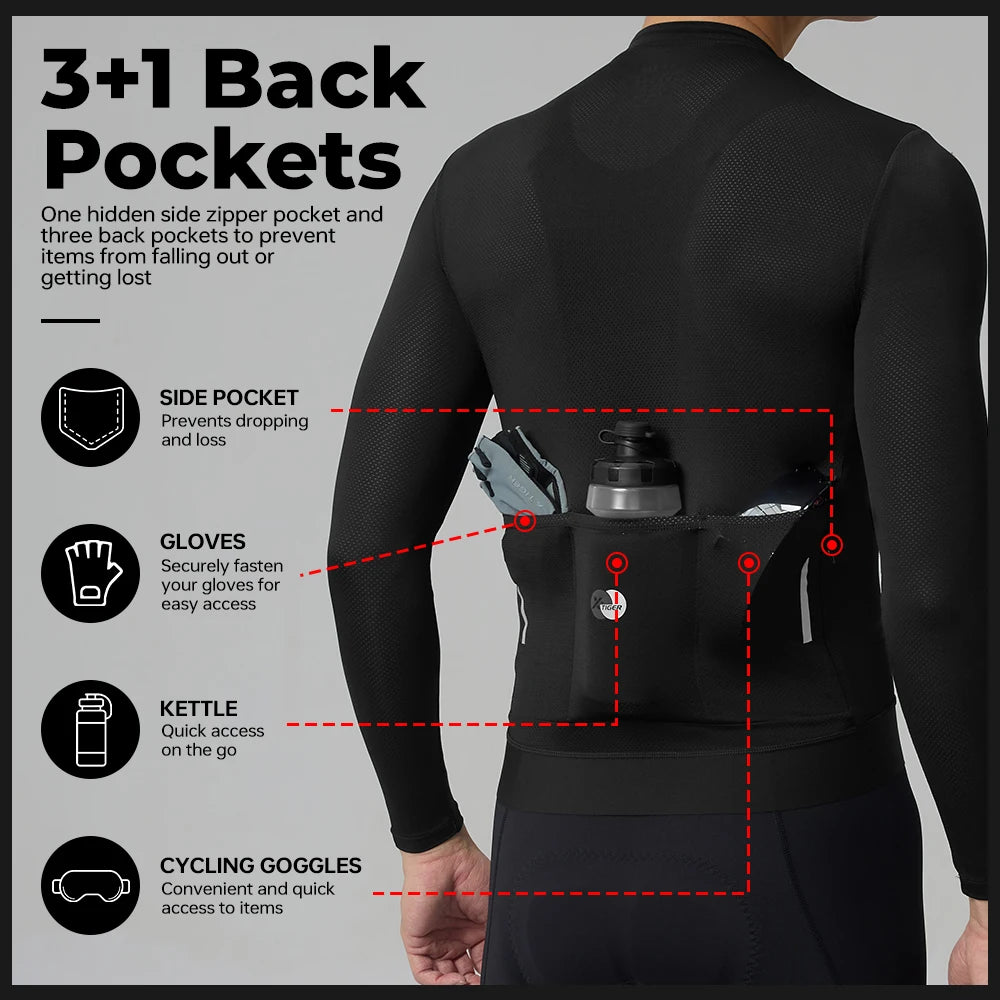 X-TIGER Men's Long Sleeve Cycling Jersey With Zipper Pockets