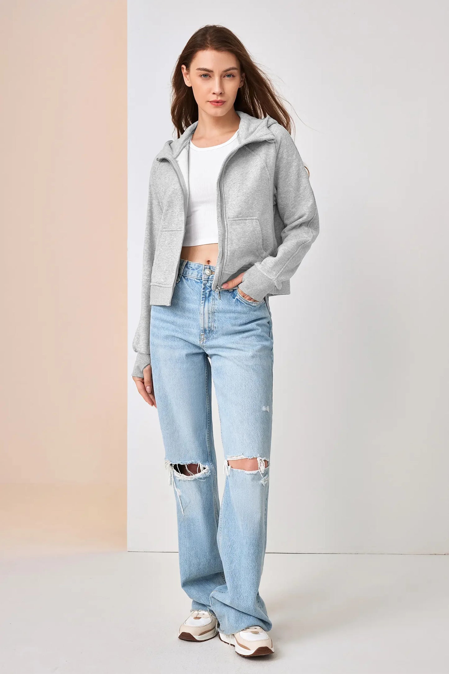 Fisoew Zip Up Hoodie Fleece Lined Oversized Sweatshirt