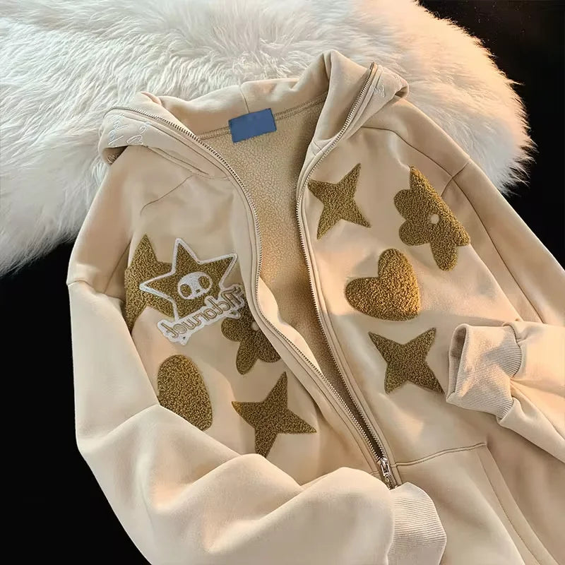 Skull Star Heart Zip Up Hoodie Harajuku Streetwear