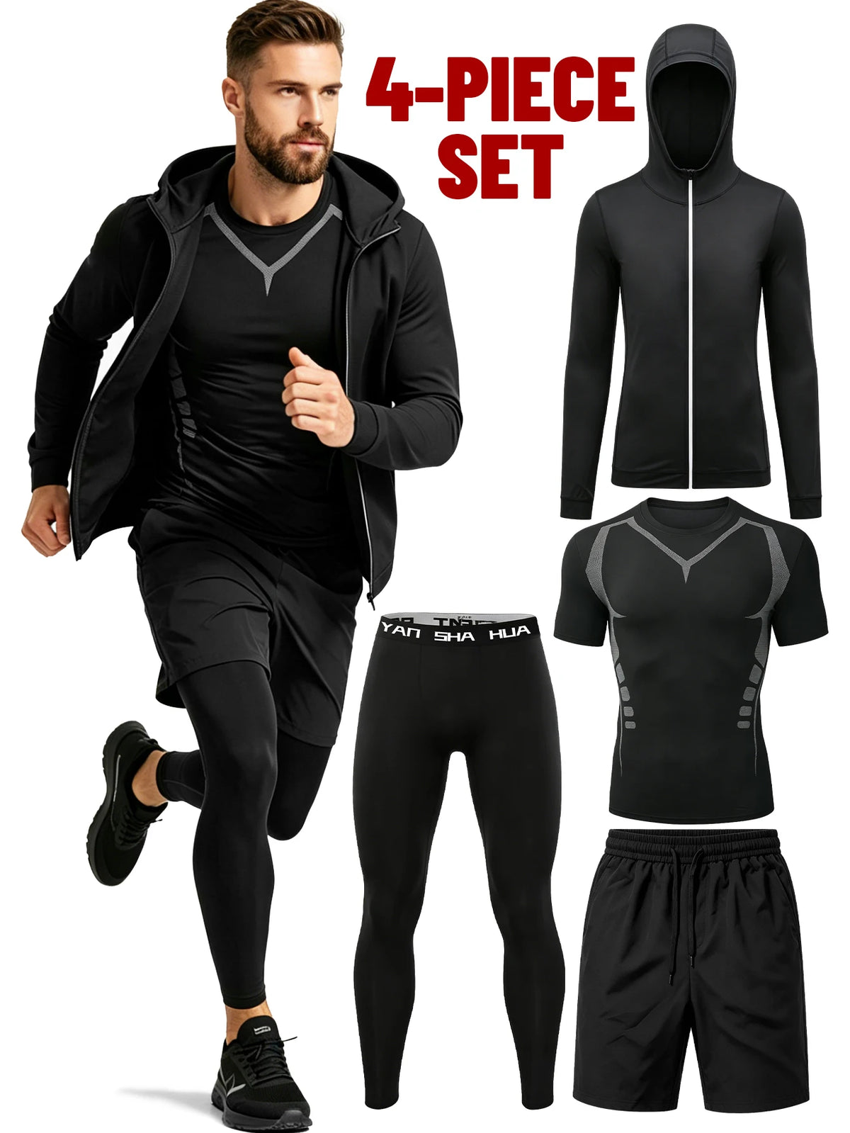 Active Men Four Piece Tracksuit With Hoodie Shirt Leggings