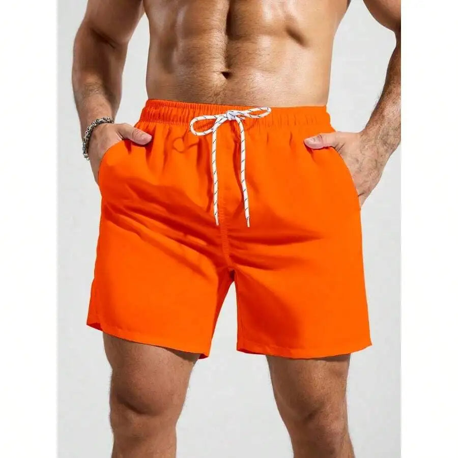 Mens Pocketed Drawstring Waist Beach Quick Dry Swim Trunks