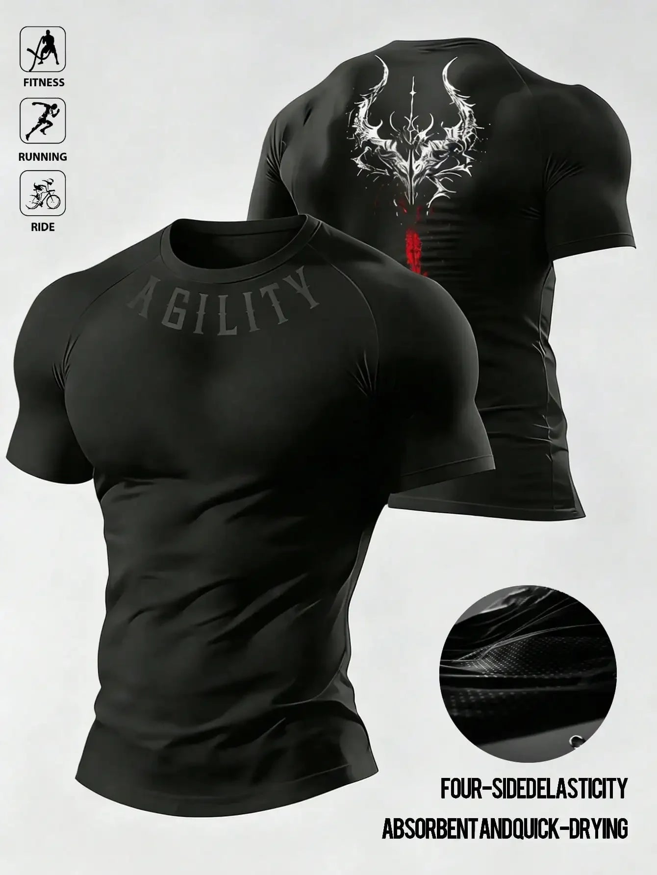 Mens Barbell Print Raglan Short Sleeve Gym Compression T Shirt