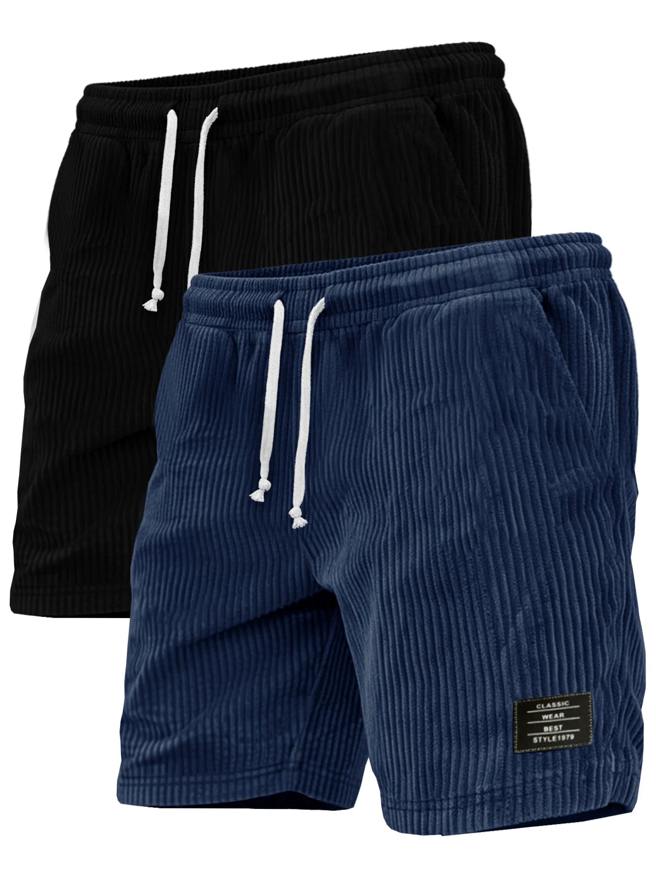 2-piece set of thick striped black label men's corduroy casual shorts, summer retro logo lace up loose sports five quarter pants, multi pocket training pants.